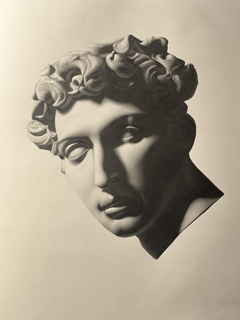 Milène J. Fernández (b.1966). Vedro Con Mio Diletto (cast drawing of Giuliano de' Medici) 2022-2023, graphite on paper. (Photo of drawing by Milène J. Fernández )