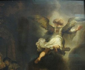 The angel Raphael leaving Tobit and his family (detail), 1637, by Rembrandt (1606-1669), Department of Paintings of the Louvre, Paris, France. (Public domain).
